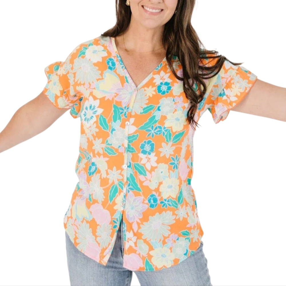 Heimish USA Floral Print Button Down Top Short Sleeve Orange Medium